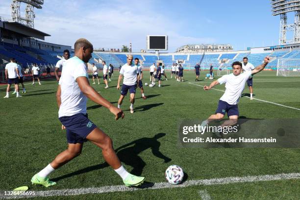 Manuel Akanji and Xherdan Shaqiri of Switzerland train during the Switzerland Training Session ahead of the UEFA Euro 2020 Quarter Final match...