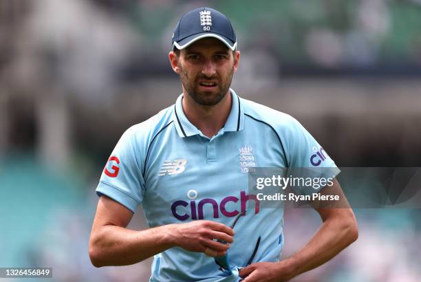 Mark Wood of England looks on during the 2nd One Day International match between England and Sri Lanka at The Kia Oval on July 01, 2021 in London,...