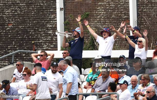 Crowd cheers during the 2nd One Day International match between England and Sri Lanka at The Kia Oval on July 01, 2021 in London, England.