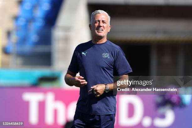 Vladimir Petkovic, Head Coach of Switzerland reacts during the Switzerland Training Session ahead of the UEFA Euro 2020 Quarter Final match between...