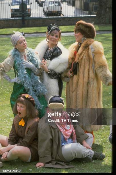 Joan Greenwood, Katherine Helmond, Ruby Wax, Dawn French and Jennifer Saunders in character on the set of sitcom Girls On Top, circa 1986.