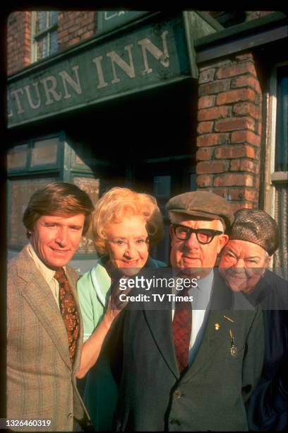 William Roach, Doris Speed, Jack Howarth and Violet Carson in character as Ken Barlow, Annie Walker, Albert Tatlock and Ena Sharples on the set of...