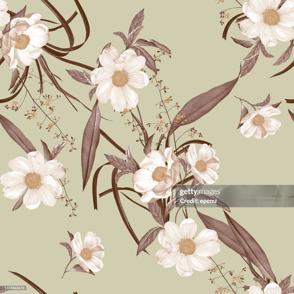 Trendy Floral pattern in the many kind of flowers. Tropical botanical . Seamless vector texture. Elegant template for fashion prints. Printing with in hand drawn style on white background.