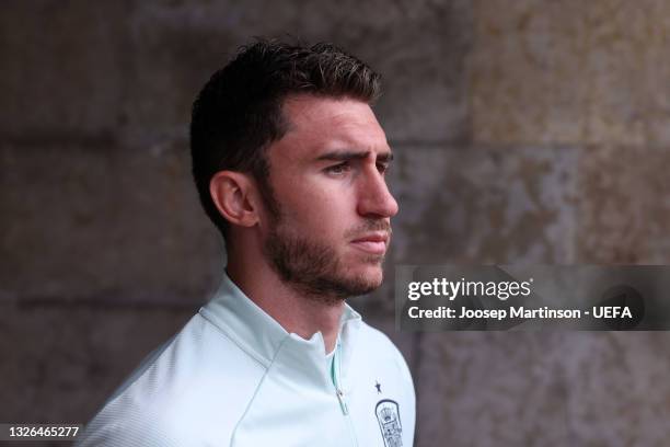 Aymeric Laporte of Spain walks out prior to the Spain Training Session ahead of the UEFA Euro 2020 Quarter Final match between Spain and Switzerland...