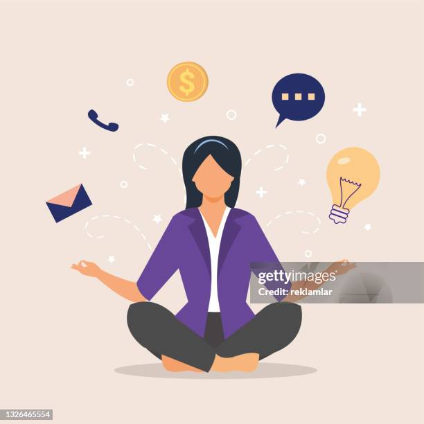 stockillustraties, clipart, cartoons en iconen met worker relaxation, business woman character doing yoga meditation on lotus pose in messy office workplace. meditation reduces stress. beautiful fit young businesswoman sitting in the office doing yoga. - business women
