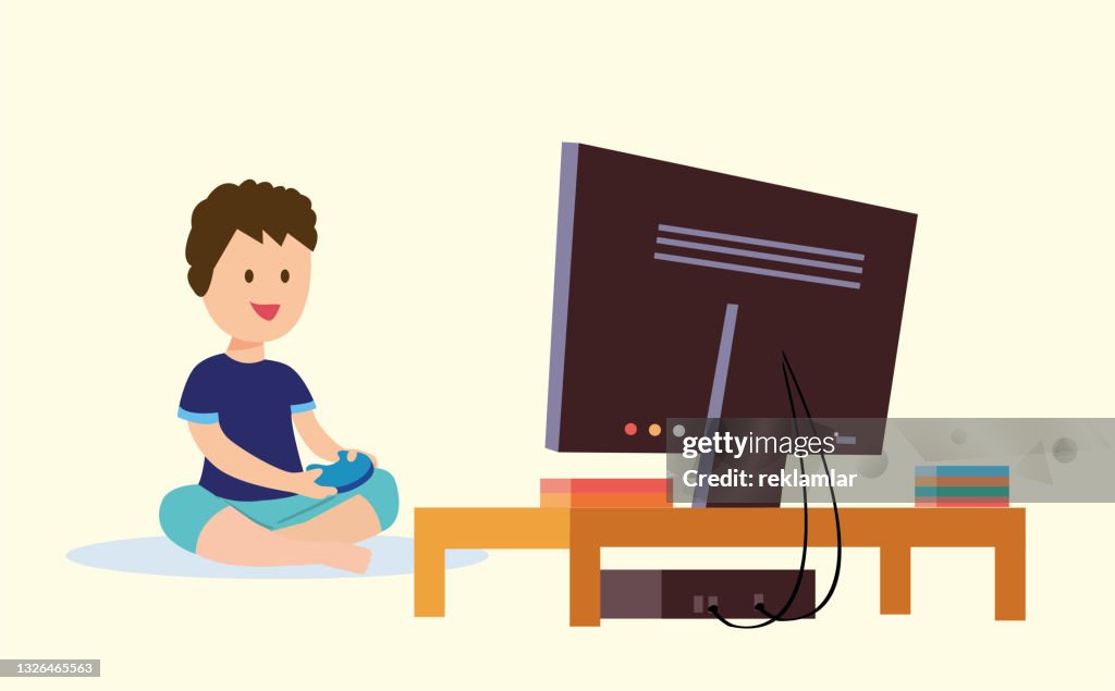 Illustration Of Boy Playing With Game Console Connected To Tv Vector  Illustration Of A Game Addicted Boy Focused On The Game Having Fun  Technology Addicted Kid Image High-Res Vector Graphic - Getty