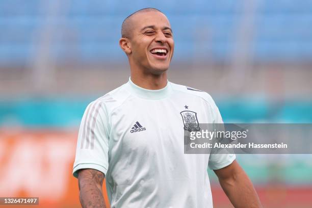 Thiago Alcantara of Spain reacts during the Spain Training Session ahead of the UEFA Euro 2020 Quarter Final match between Spain and Switzerland at...