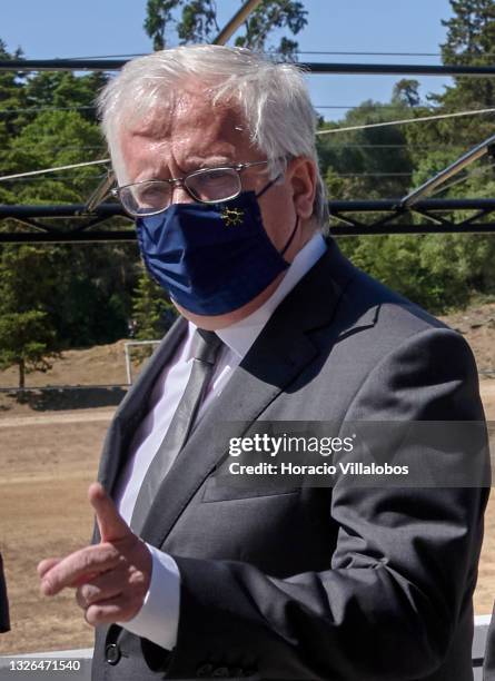 The Portuguese Minister of Internal Administration Eduardo Cabrita wears his protective mask while accompanying Portuguese President Marcelo Rebelo...