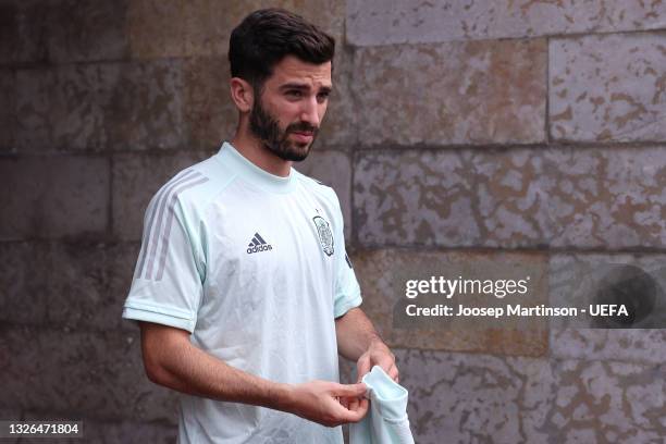 Jose Gaya of Spain looks on as he makes his way towards the pitch prior to the Spain Training Session ahead of the UEFA Euro 2020 Quarter Final match...