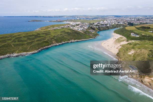 crantock beach seen from a high angle perspective, newquay, cornwall, united kingdom - newquay stock pictures, royalty-free photos & images