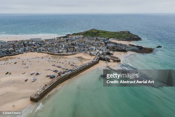 aerial image showing a part of st ives, cornwall, united kingdom - st ives cornwall stock pictures, royalty-free photos & images