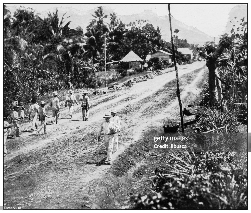 Antique black and white photograph: Farmers returning home from market at Aguada, Puerto Rico