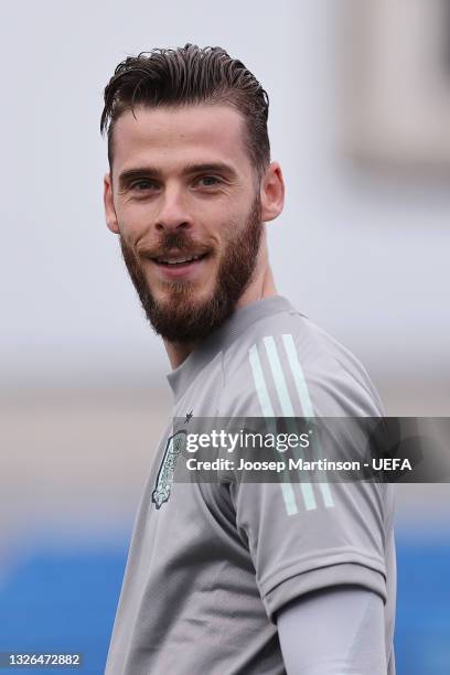 David de Gea of Spain reacts during the Spain Training Session ahead of the UEFA Euro 2020 Quarter Final match between Spain and Switzerland at...