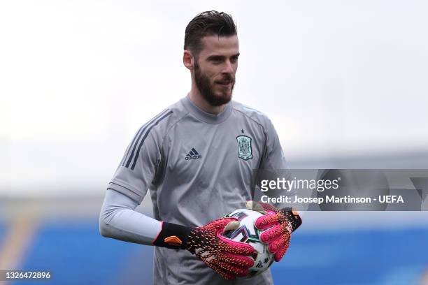 David de Gea of Spain looks on during the Spain Training Session ahead of the UEFA Euro 2020 Quarter Final match between Spain and Switzerland at...