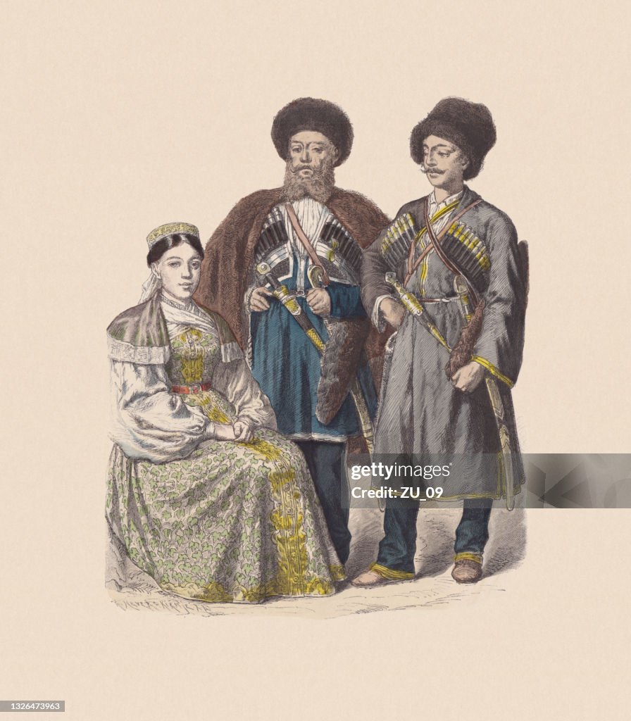 19ème siècle, costumes asiatiques (Caucasie), gravure sur bois couleur à la main, publié vers 1880