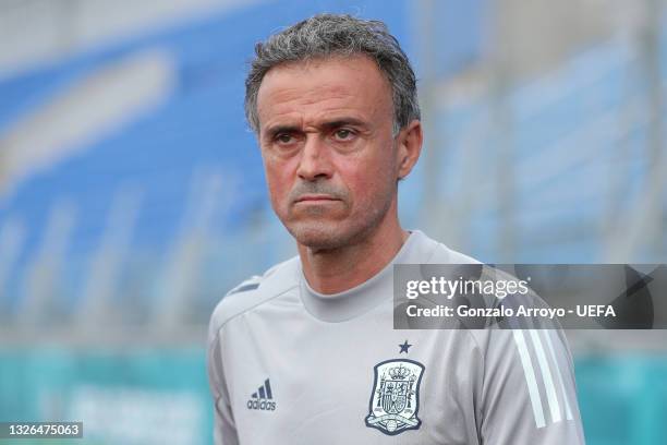 Luis Enrique, Head Coach of Spain looks on during the Spain Training Session ahead of the UEFA Euro 2020 Quarter Final match between Spain and...