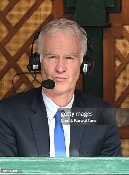 John McEnroe commentates from the Wimbledon Championships at All England Lawn Tennis and Croquet Club on July 01, 2021 in London, England.