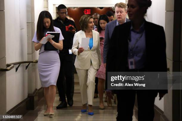 Speaker of the House Rep. Nancy Pelosi leaves after a weekly news conference at the U.S. Capitol July 1, 2021 in Washington, DC. Speaker Pelosi...