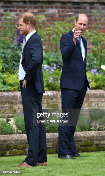 Prince Harry, Duke of Sussex and Prince William, Duke of Cambridge during the unveiling of a statue they commissioned of their mother Diana, Princess...