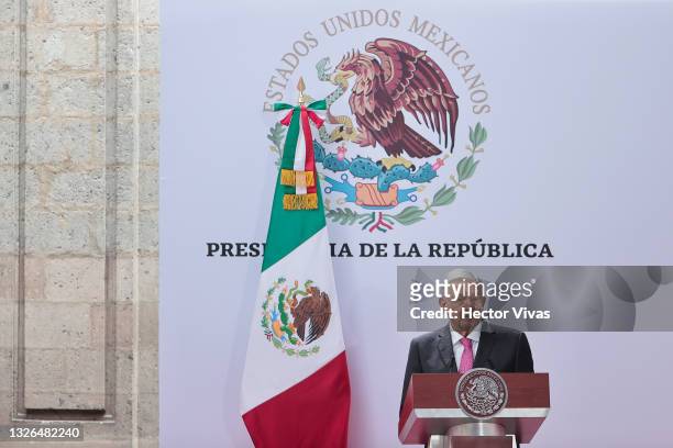 President of Mexico Andres Manuel Lopez Obrador speaks during the ceremony to commemorate the third year of Lopez Obrador's victory in the 2018...
