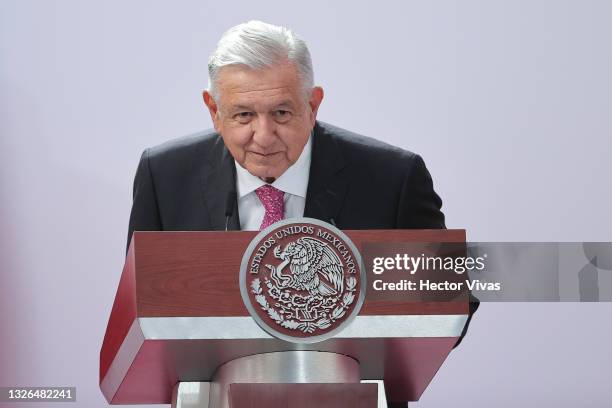 President of Mexico Andres Manuel Lopez Obrador speaks during the ceremony to commemorate the third year of Lopez Obrador's victory in the 2018...