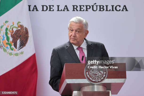 President of Mexico speaks Andres Manuel Lopez Obrador speaks during the ceremony to commemorate the third year of Lopez Obrador's victory in the...