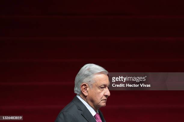 President of Mexico Andres Manuel Lopez Obrador looks on during the ceremony to commemorate the third year of Lopez Obrador's victory in the 2018...