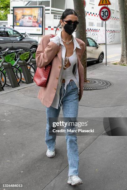 Model Bella Hadid is seen on July 01, 2021 in Paris, France.