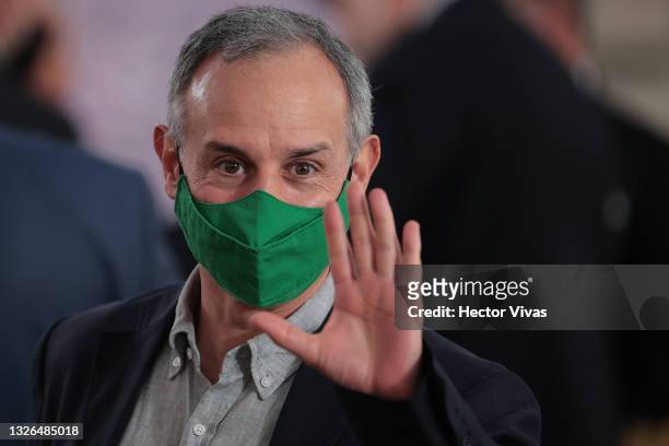 Undersecretary of Prevention and Health Promotion Hugo Lopez Gatell waves during the ceremony to commemorate the third year of Lopez Obrador's...