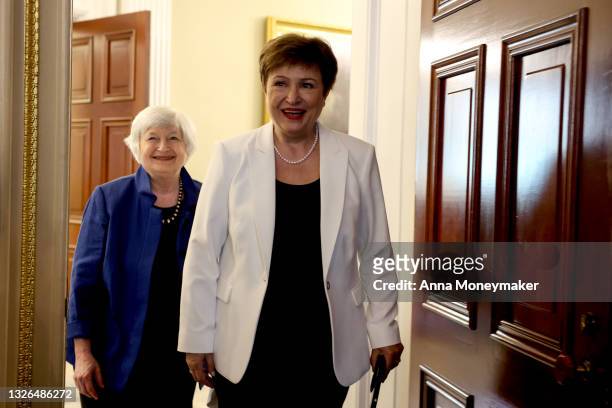 Treasury Secretary Janet Yellen and managing director of the International Monetary Fund Kristalina Georgieva arrive to a meeting room at the U.S....