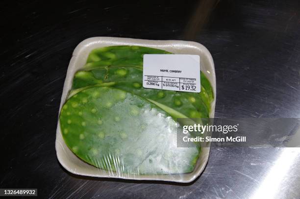 plastic-wrapped tray of nopal paddles - expiry date stock pictures, royalty-free photos & images