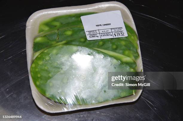 plastic-wrapped tray of nopal paddles - use by label stock pictures, royalty-free photos & images