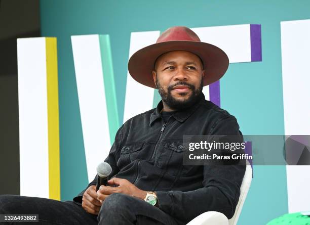 In this image released on July 1, D-Nice speaks onstage at the 2021 ESSENCE Festival Of Culture presented by Coca-Cola in New Orleans, Louisiana....