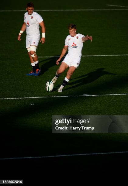 Fin Smith of England kicks off the match during the Round Three of the U20 Six Nations Rugby Championship match between Ireland and England at...