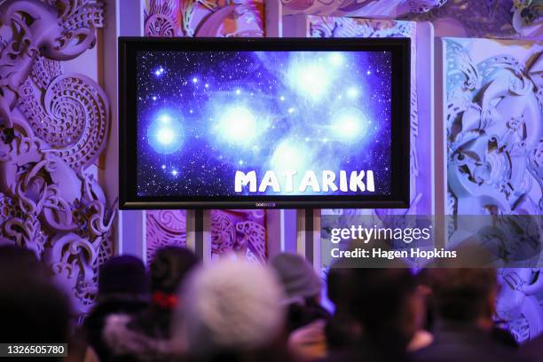 Matariki graphic is displayed on a television during a dawn ceremony at Rongomaraeroa, Te Papa Museum, on July 02, 2021 in Wellington, New Zealand....