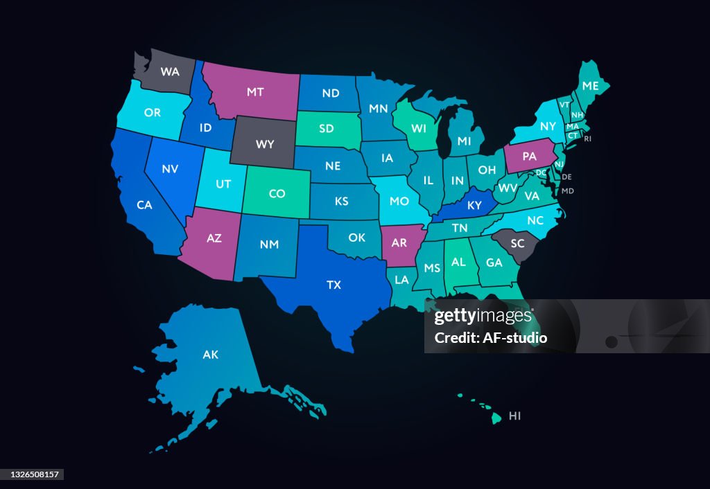 Color Code State Map Vector Usa Colors Map With Borders Of States And Shorts Name Of Each ...