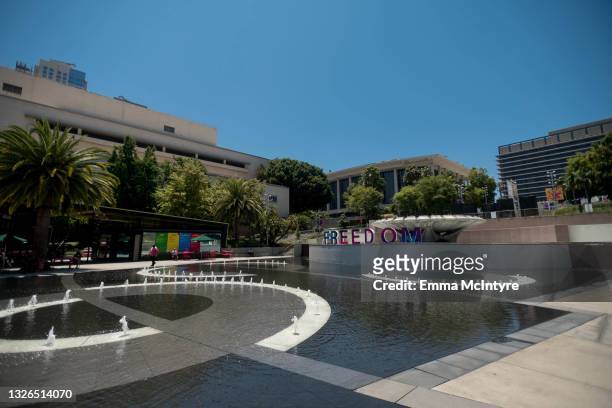 View of the exhibitions is seen at Grand Park's Portraits of Freedom art installation at Los Angeles Grand Park on July 01, 2021 in Los Angeles,...