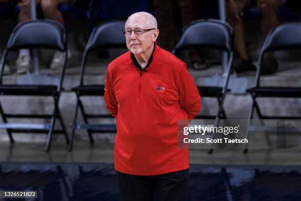 Head coach Mike Thibault of the Washington Mystics looks on before the game against the Connecticut Sun at Entertainment & Sports Arena on June 29,...