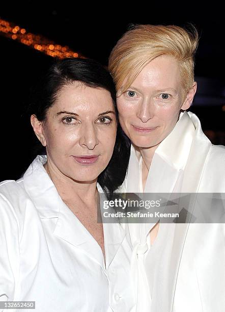 Performance artist Marina Abramovic and actress Tilda Swinton attend 2011 MOCA Gala, An Artist's Life Manifesto, Directed by Marina Abramovic at MOCA...