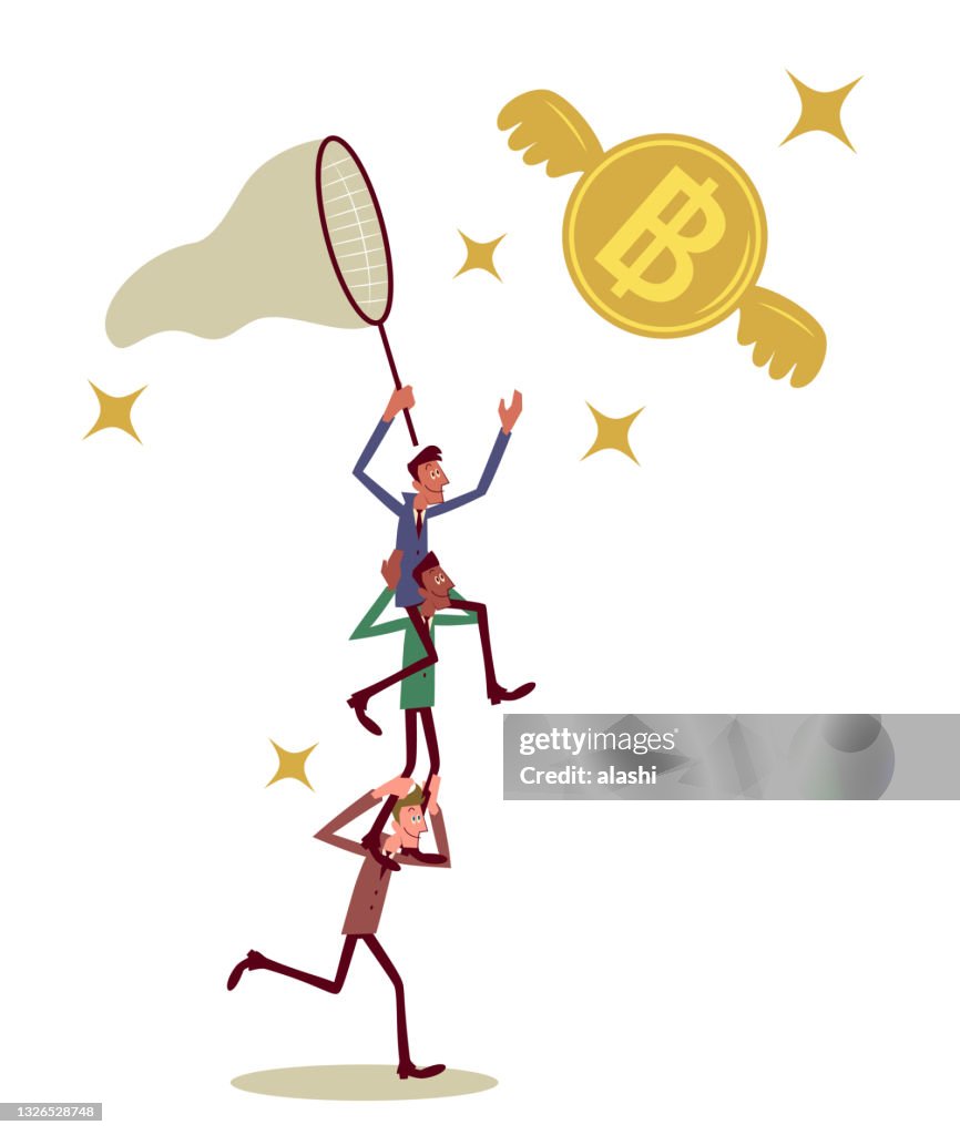 Multi-Ethnic Group of businessmen making a human pyramid to catch money that has wings and is flying in the sky, The pursuit of money