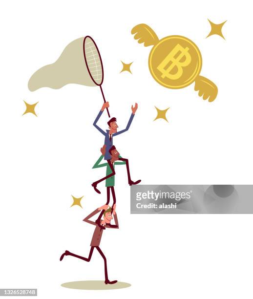 multi-ethnic group of businessmen making a human pyramid to catch money that has wings and is flying in the sky, the pursuit of money - thai currency stock illustrations
