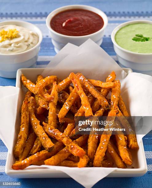 sweet potato fries with sauces - sweet potato fries stock pictures, royalty-free photos & images