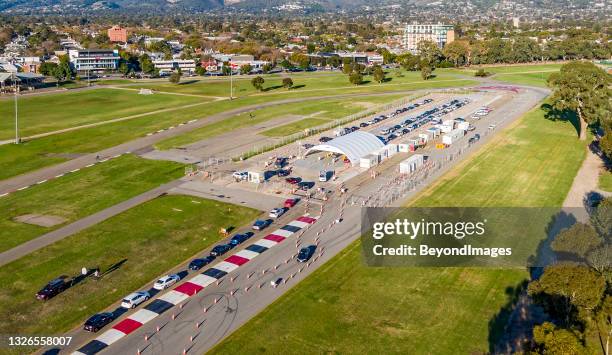 aerial view of pop-up covid-19 testing centre in victoria park on the edge of adelaide cbd - south australia copy space stock pictures, royalty-free photos & images