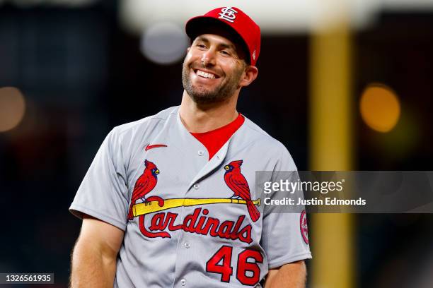 Paul Goldschmidt of the St. Louis Cardinals smiles on the field during the fourth inning against the Colorado Rockies at Coors Field on July 1, 2021...