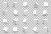 3d cubes in different perspective, angles and isometric view. White cubes or blocks with shadow isolated on background