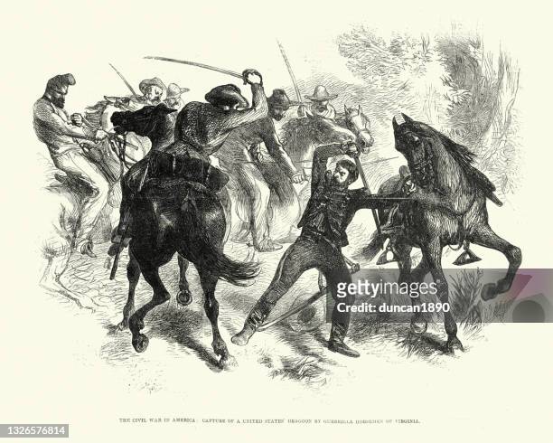 amerikanischer bürgerkrieg, eineroberung eines union-dragoners durch guerrilla horsemne von virginia, 1861 - csa stock-grafiken, -clipart, -cartoons und -symbole