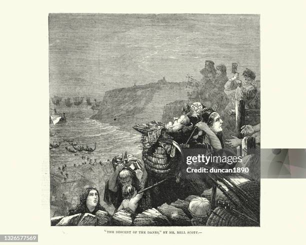 people fleeing an attack by danish vikings - viking ship stock illustrations