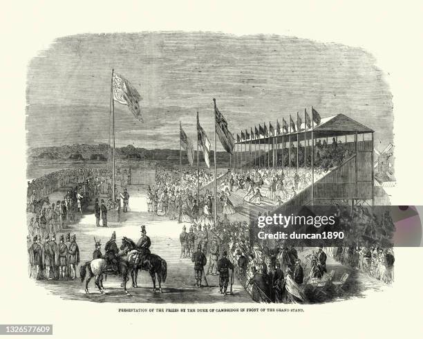 presentation of prizes, victorian target shooting competition, wimbledon common, 1861 - national rifle association stock illustrations