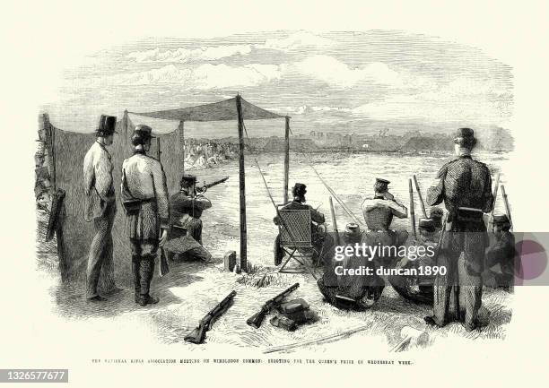 stockillustraties, clipart, cartoons en iconen met victorian target shooting competition, wimbledon common, national rifle association, 1860s, 19th century - schietsport