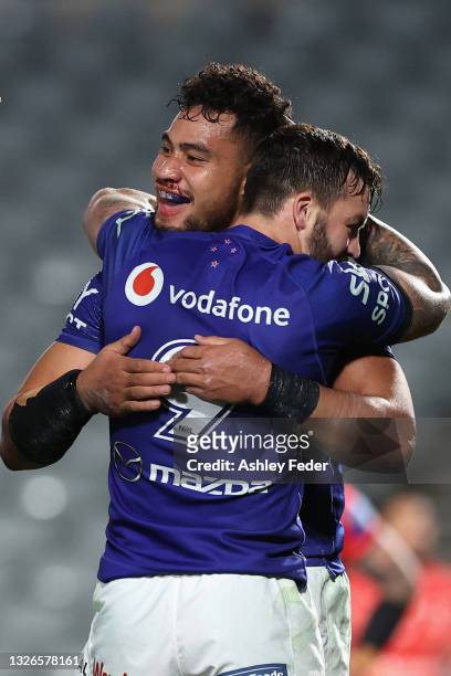Eliesa Katoa of the Warriors celebrates his try during the round 16 NRL match between New Zealand Warriors and the St George Illawarra Dragons at...